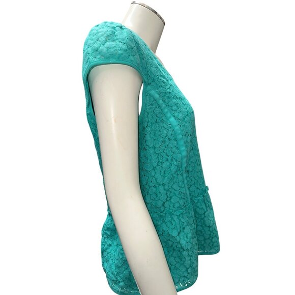 Ann Taylor Size 4 Turquoise Lace Peplum Blouse Chic Romantic Fit Floral Overlay - Picture 7 of 13